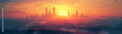 Desert mirage city, sunset, illusionary urban landscape , sci-fi tone