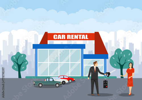 Car rental, car rental salon. A man hands a woman his car keys. Vector, cartoon illustration.