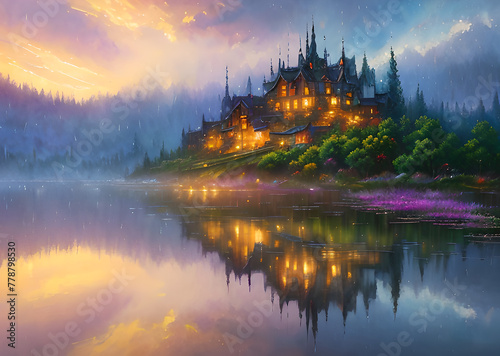 Medieval fantasy fairytale town houses and river, Generative AI © LIUBOMYR