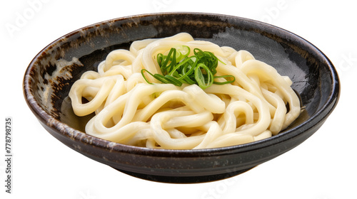 Udon noodles on black bowl isolated on white background
