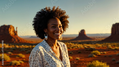 Bellissima donna di origini afro-americane sorride felice durante una vacanza nella Monument Valley negli Stati Uniti d'America photo