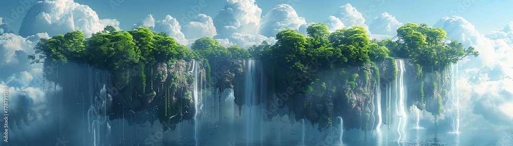 Flying islands with gravitydefying waterfalls, fantasy, floating landmasses and cascading water, surreal and beautiful , sci-fi tone - obrazy, fototapety, plakaty 