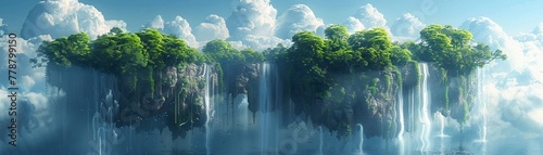 Flying islands with gravitydefying waterfalls, fantasy, floating landmasses and cascading water, surreal and beautiful , sci-fi tone