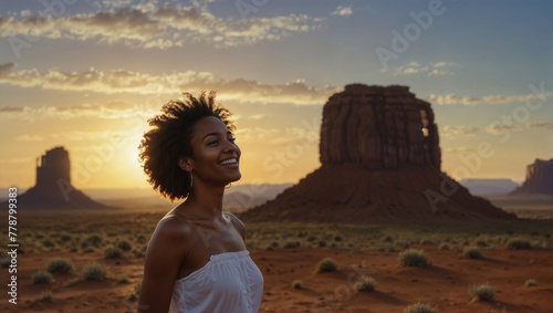 Bellissima donna di origini afro-americane sorride felice durante una vacanza nella Monument Valley negli Stati Uniti d'America photo