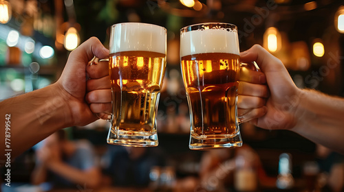 Two people are holding up their beer glasses in a bar. The atmosphere is lively and social, with other people around them. two arms cheering with beer glass, people in the background