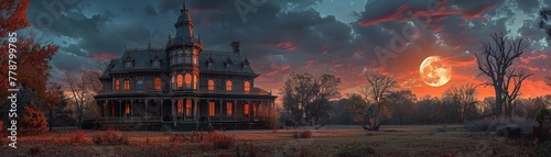 Haunted Victorian mansion, ghostly, full moon, spooky elegance , vibrant color