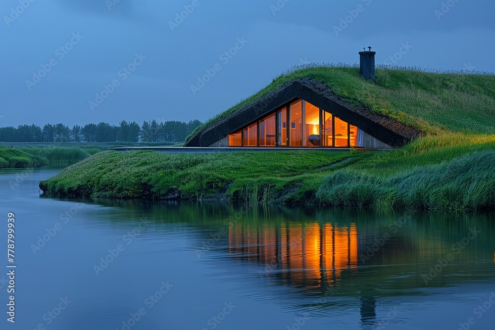 Obraz premium Hightech Viking longhouse, evening, ancient meets future , vibrant color