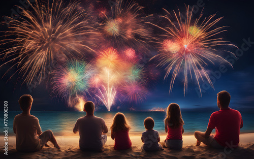Family watching fireworks from a sandy beach for New Year s Eve