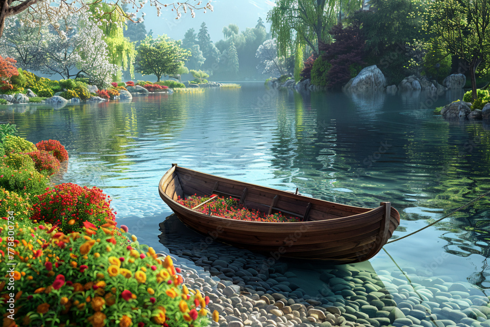 a beautiful view of wooden old boat standing in a pure water stream with colorful trees and plant on the bank
