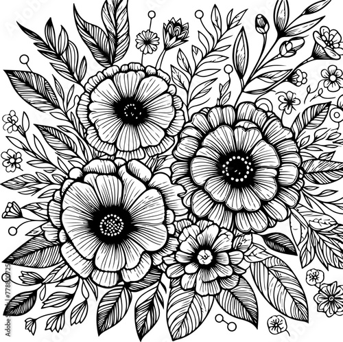 Flowers black outline illustration coloring book page