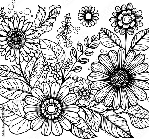 Flowers black outline illustration coloring book page