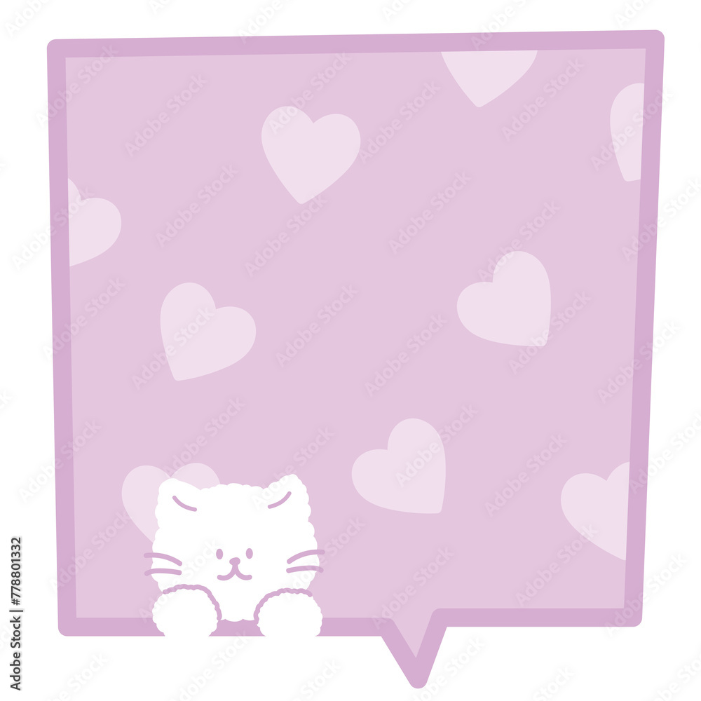 Pastel text bubbles with cat and heart background for cartoon, comic, marketing, communications, sticker, decoration, social media, print, ad template, manga, messages, card, speech, Valentine, pet