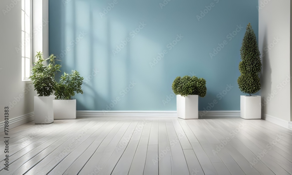 Fototapeta premium interior with blue wall, 3d render and illustration mock up. AI generated