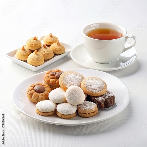cookies and cup of tea on a white background, closeup. AI generated