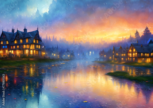 Medieval fantasy fairytale town houses and river  Generative AI