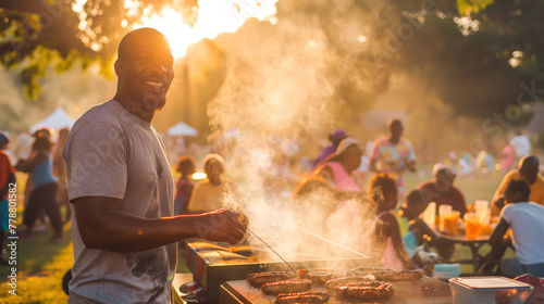 Joyful Man Grilling at Summer Sunset Barbecue Party in Park