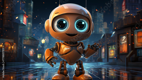 A cartoon logo icon of a friendly robot on a futuristic cityscape background.