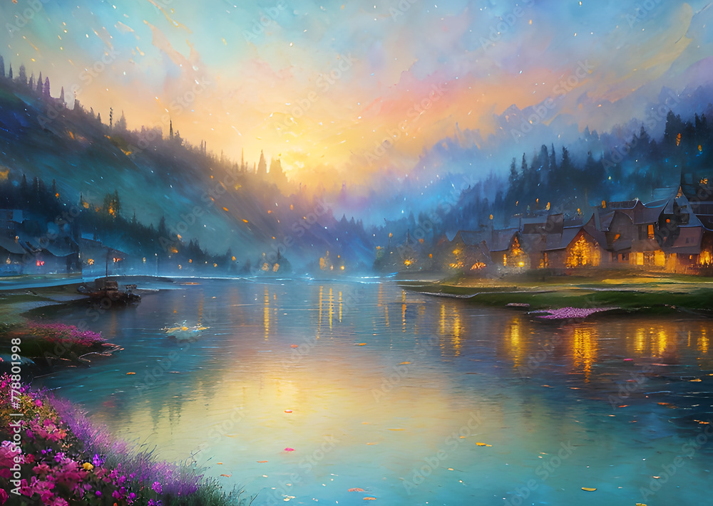 Medieval fantasy fairytale town houses and river, Generative AI Medieval fantasy fairytale town houses and river, Generative AI