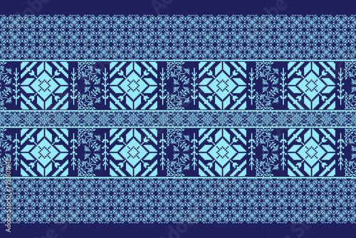 Geometric ethnic floral pixel art embroidery, Aztec style, abstract background design for fabric, clothing, textile, wrapping, decoration, scarf, print, wallpaper, table runner.