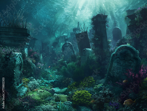 Underwater old cemetery with corals and fish