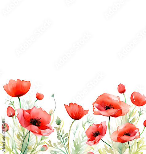 Watercolor Red Poppies Banner Background with copy space