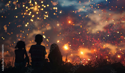 Silhouetted friends enjoying a fireworks display at dusk