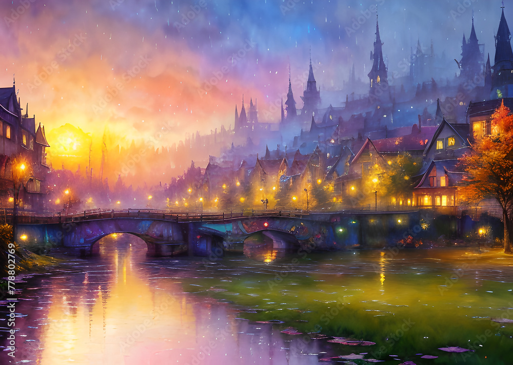 Obraz premium Medieval fantasy fairytale town houses and river, Generative AI