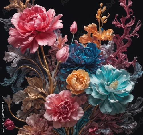 painting of colorful flowers against a black background. © i-element