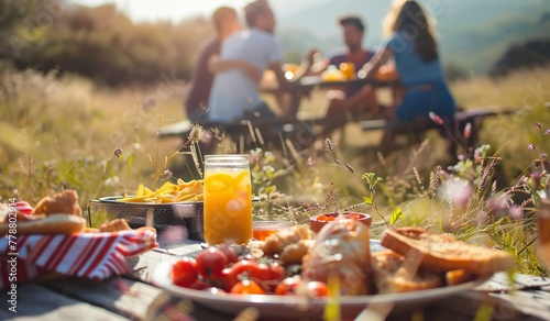 Fototapeta Naklejka Na Ścianę i Meble -  Golden hour picnic with friends in a serene meadow