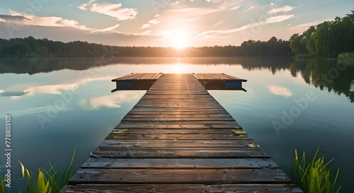 A wooden dock is seen floating on the calm water, creating a platform for boats to rest, A picturesque scene of a wooden pier extending into a calm lake at sunrise photo