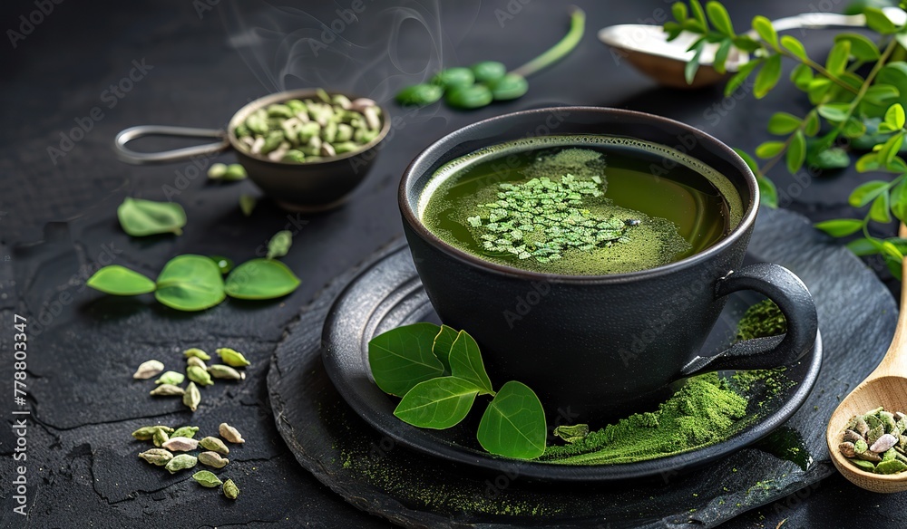 Steaming matcha tea in black cup with green leaves on dark background Steaming matcha tea in black cup with green leaves on dark background