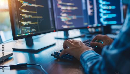 Hand over pc Keyboard. Programming, Expert Coding, Global Network Protection, hacker