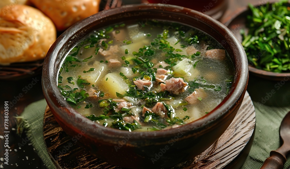 Homemade kale and potato soup with savory pork in a rustic bowl Homemade kale and potato soup with savory pork in a rustic bowl