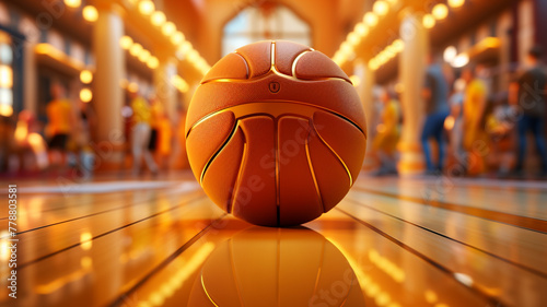 A cheerful logo icon of a bouncing basketball on a vibrant basketball court background. © Faisu