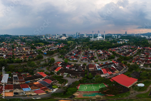 aerial view of famous mosque located in selangor, malaysia during sunrise