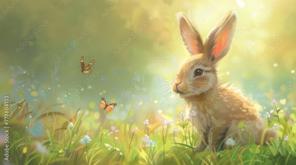 A young rabbit amid a sunlit meadow with fluttering butterflies, portraying tranquility and nature's innocence, ideal for storybook illustrations. A young rabbit amid a sunlit meadow with fluttering butterflies, portraying tranquility and nature's innocence, ideal for storybook illustrations.