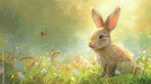 A young rabbit amid a sunlit meadow with fluttering butterflies, portraying tranquility and nature's innocence, ideal for storybook illustrations.
