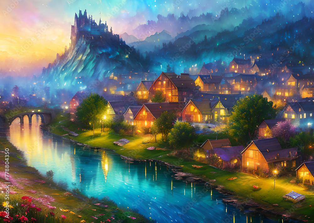 Medieval fantasy fairytale town houses and river, Generative AI