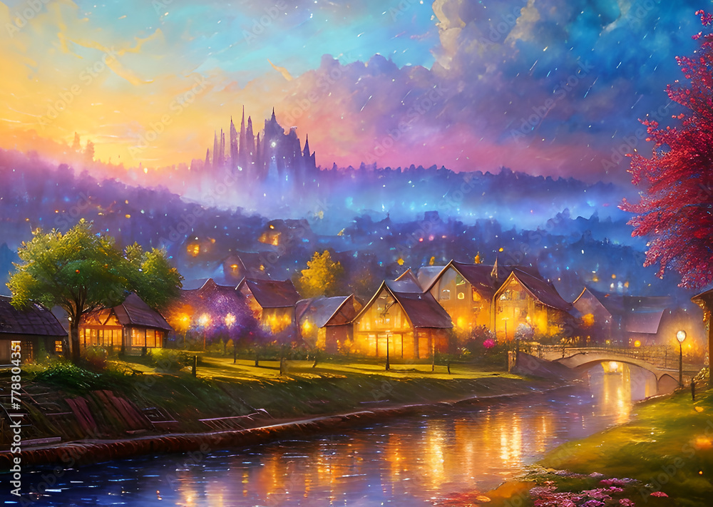 Fototapeta premium Medieval fantasy fairytale town houses and river, Generative AI