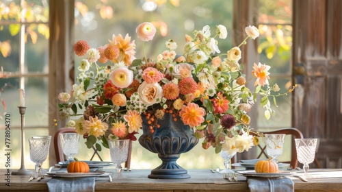Autumn-themed table setting with a colorful floral centerpiece, perfect for seasonal events and weddings.