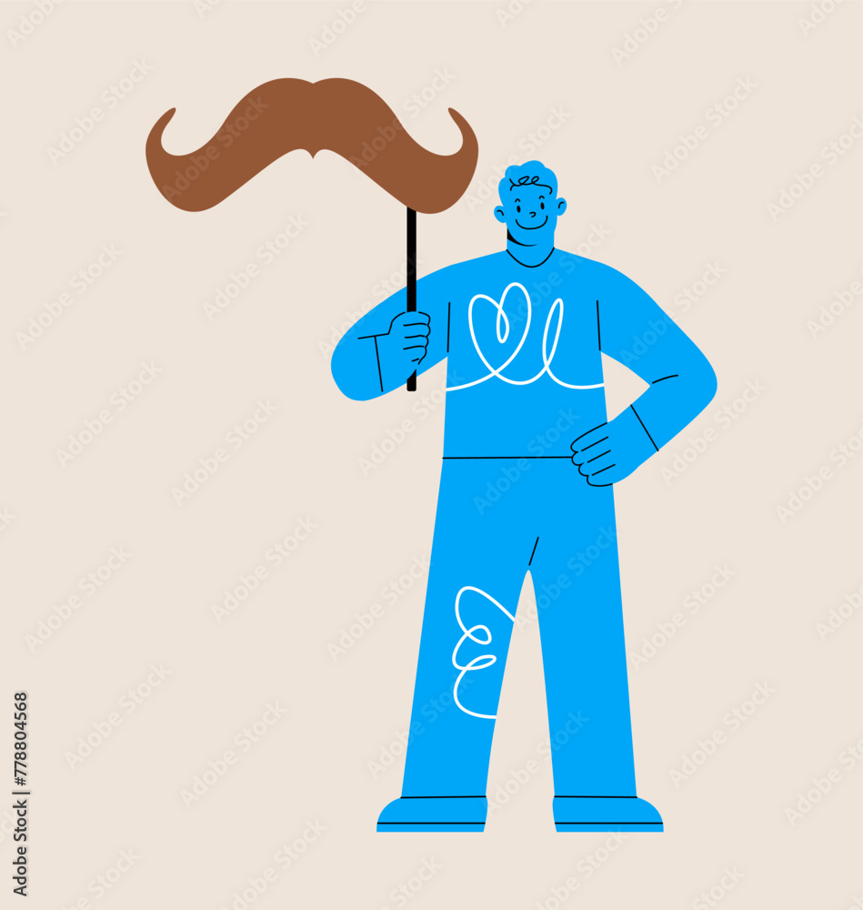 Man holds a mustache on a stick. Colorful vector illustration