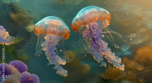 ellyfish swimming in water. 3D rendering with DOF, Two jellyfishes swimming in the water. 3d rendering photo