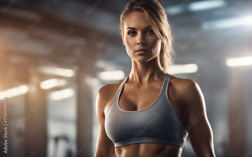 Fitness woman showing abs and flat belly, athletic girl shaped abdominal muscles and arms