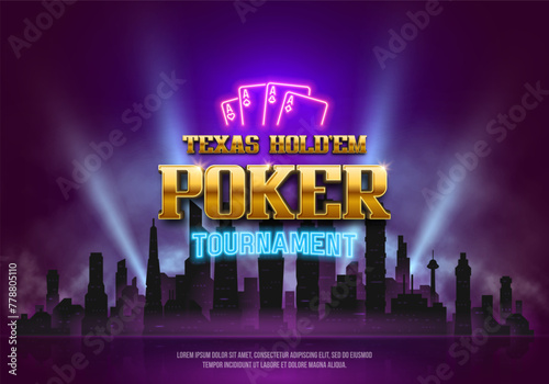 Poker tournament banner. Casino logo with neon signs on night city background. Vector illustration.