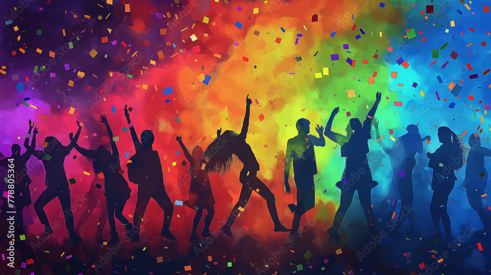 a painting of people dancing in front of a colorful background a painting of people dancing in front of a colorful background