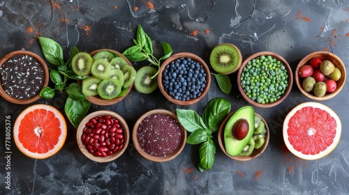  A colorful array of bowls filled with various fruits and vegetables, featuring kiwis, grapes, kiwis, kiwis, kiwis, and spinach