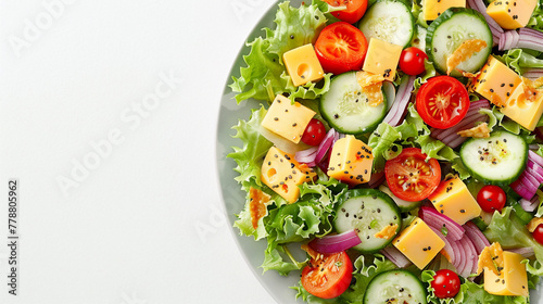 Fresh Salad with Cheese and Vegetables on Plate, Top View Culinary Delight