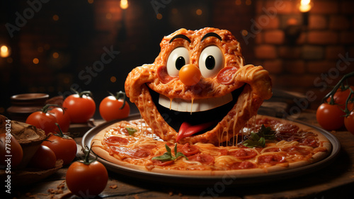 A cheerful logo icon of a smiling slice of pizza on an Italian trattoria background.