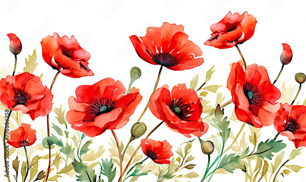 Naklejka premium Watercolor Red Poppies Banner Background with copy space