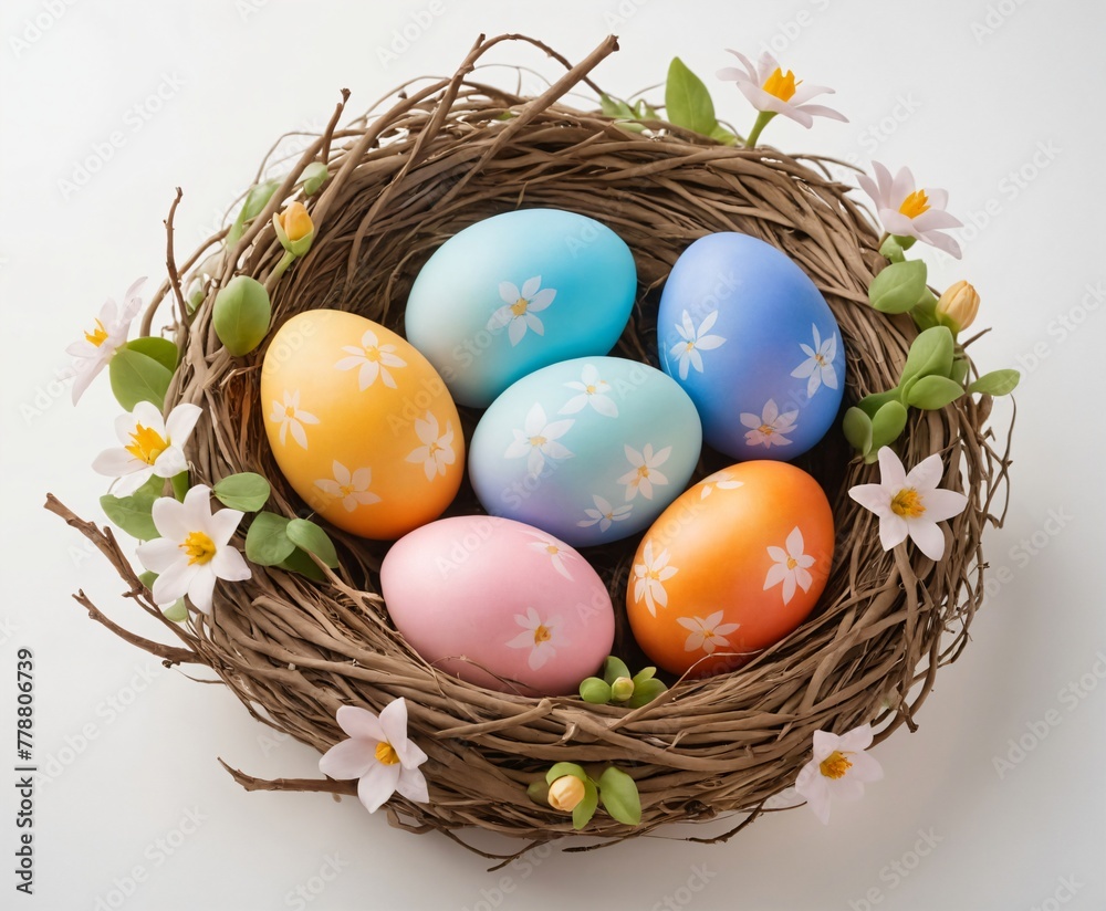 Colored Easter eggs in a nest.